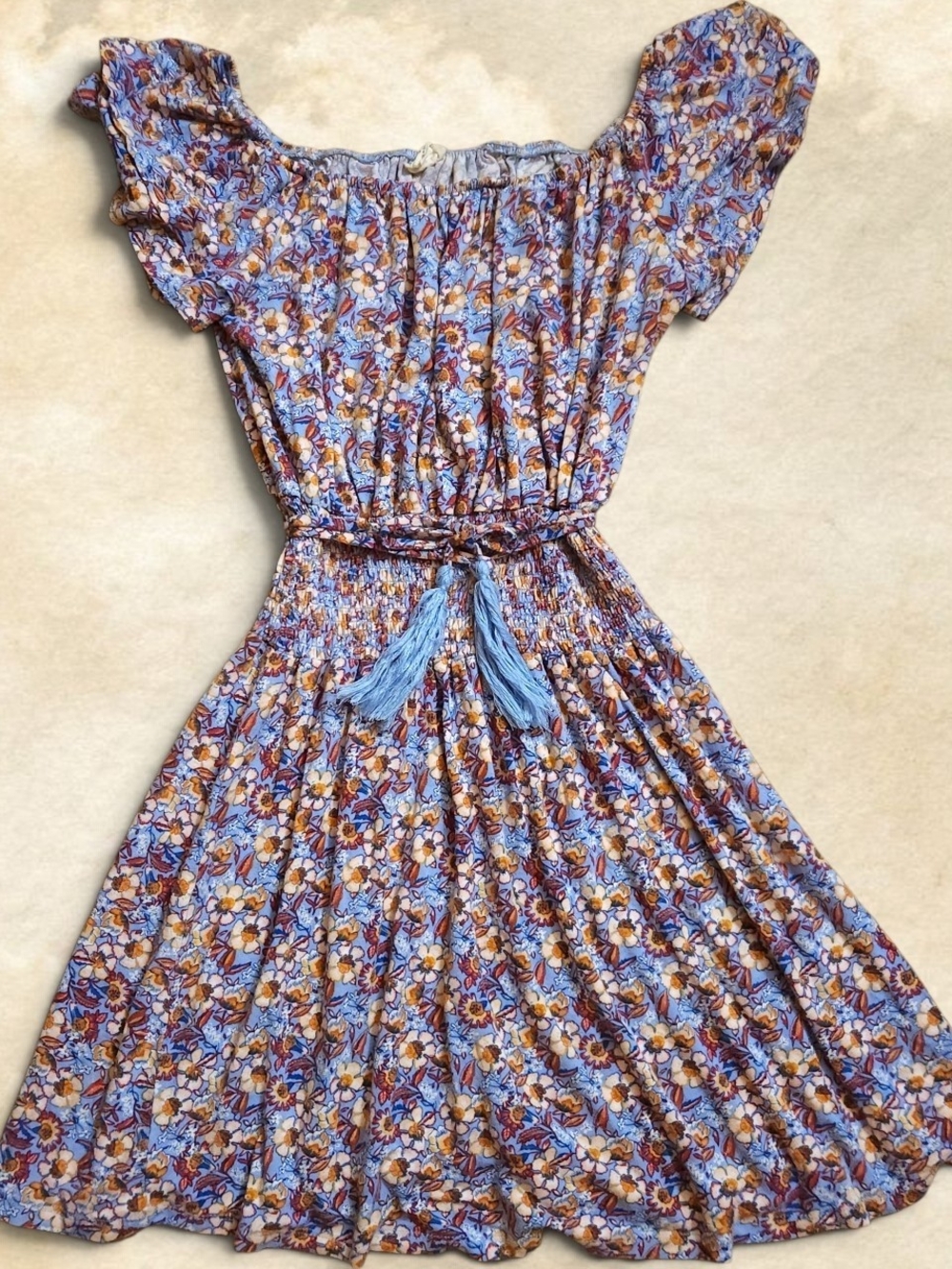 Floral Off-Shoulder Smocked Waist Mini Dress Blue With Yellow And Red Detail